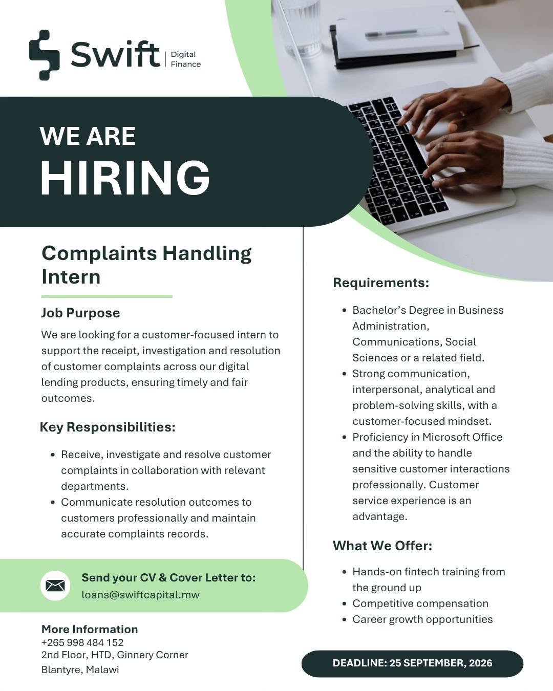 Complaints Handling Intern — Swift Digital Finance job poster